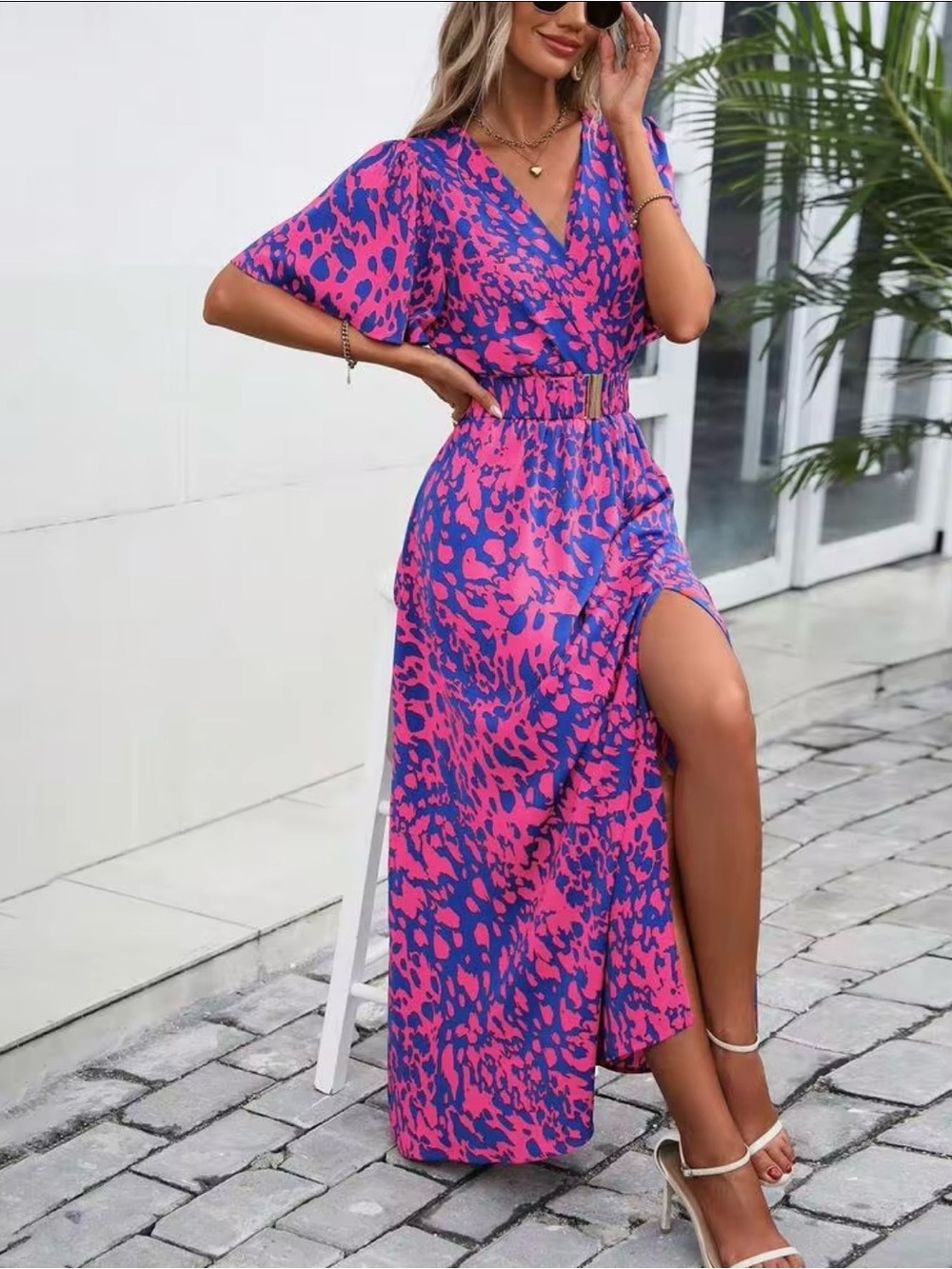 Wandoria Pink and Blue Printed V-Neck Maxi Dress